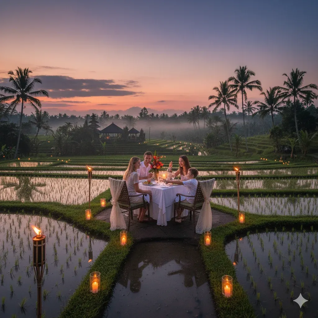 Elegant poolside dining setup at dusk, representing a romantic culinary experience in Bali.