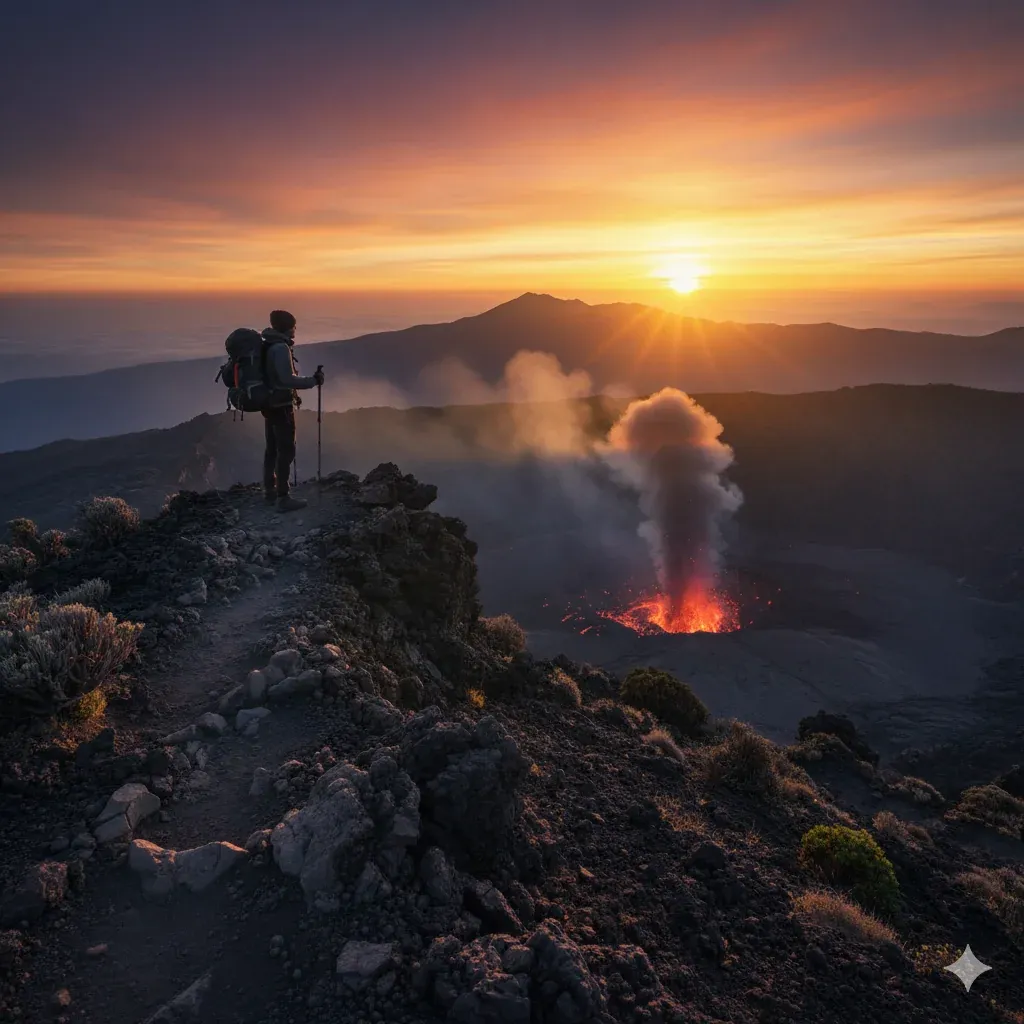 A person watching a beautiful sunrise over Mount Batur volcano, a popular trek in Bali.